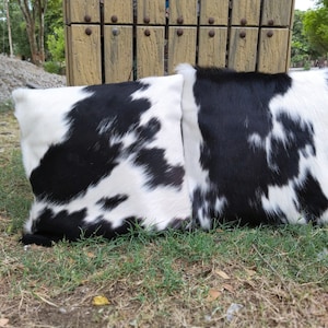 Set Of 2 Cowhide Pillow Covers Black And White Cowhide Pillow Cover Real Cowhide Cushion Cover 16 x 16 Cowhide Pillowcases Hair On Cowhide