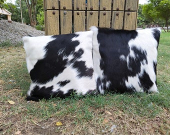 Set van 2 koeienhuid kussenslopen Zwart-witte koeienhuid kussensloop echte koeienhuid kussenhoes 16 x 16 koeienhuid kussenslopen haar op koeienhuid