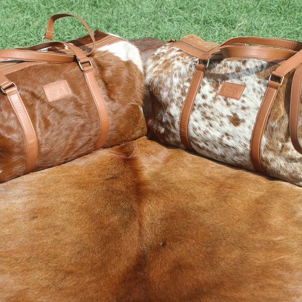 Cowhide Leather Duffel Bag Large Travel Bag Cow Hide Weekend/Overnight Bag Genuine Leather Bag Brown and White Cowhide Bag