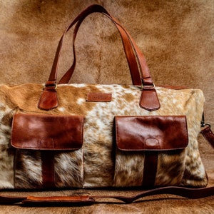 Bolso de lona de cuero de vaca auténtico, bolso de viaje grande, bolso de fin de semana/noche de piel de vaca, bolso de cuero genuino, bolso de lona con pelo en cuero de vaca