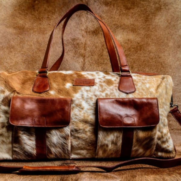 Real Cowhide Duffel Bag Large Travel Bag Cow Hide Weekend/Overnight Bag Genuine Leather Bag Hair on Cowhide Duffle Bag