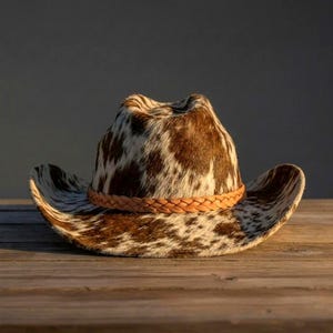 May include: A cowboy hat featuring a brown and white cowhide pattern with a textured, hairy finish. The hat has a curved brim and a light tan, braided leather band encircling the base of the crown, providing a distinct contrast to the spotted hide.