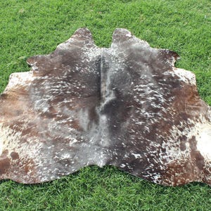 Puede incluir: Una alfombra de piel de vaca marr&oacute;n y blanca con un patr&oacute;n natural moteado. La alfombra est&aacute; colocada sobre una superficie de hierba verde.