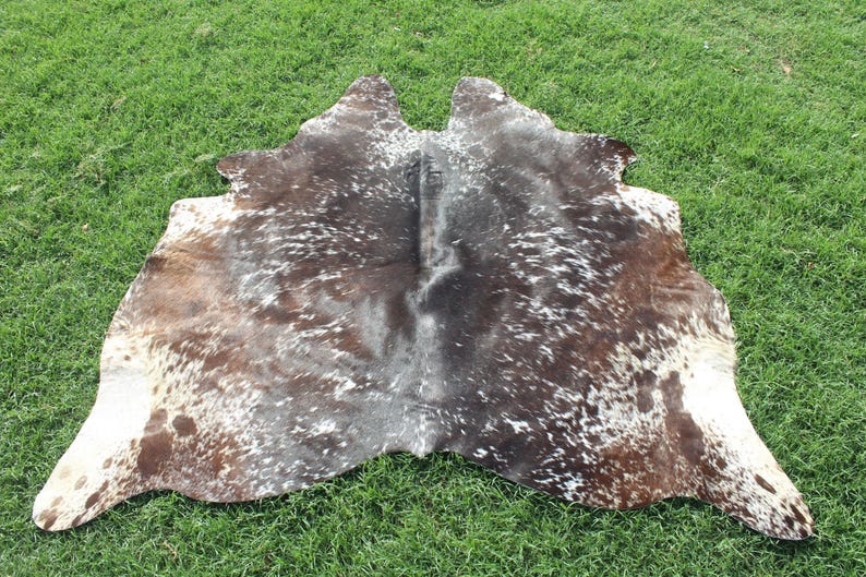 Puede incluir: Una alfombra de piel de vaca marr&oacute;n y blanca con un patr&oacute;n natural moteado. La alfombra est&aacute; colocada sobre una superficie de hierba verde.