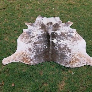 May include: A cowhide rug with a natural pattern of white, brown, and tan spots. The rug is irregularly shaped, with rounded edges and a soft texture. It is lying on a bed of green grass.