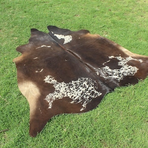 Puede incluir: Una alfombra de piel de vaca marr&oacute;n y blanca con un patr&oacute;n natural moteado. La alfombra est&aacute; colocada sobre una superficie de hierba verde.