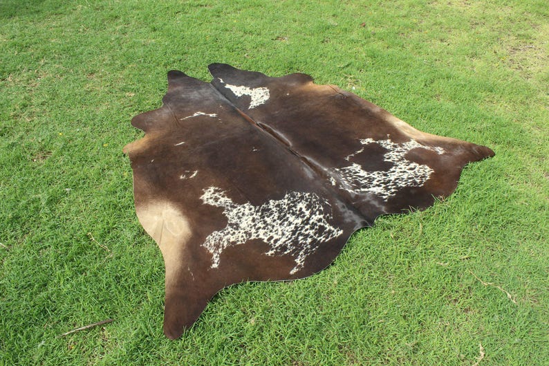 Puede incluir: Una alfombra de piel de vaca marr&oacute;n y blanca con un patr&oacute;n natural moteado. La alfombra est&aacute; colocada sobre una superficie de hierba verde.