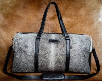 Cowhide Duffel Bag Large Travel Bag Cow Hide Weekend/Overnight Bag Genuine Leather Bag Grey Cowhide Duffle Bag Gift For Him and Her