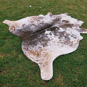 May include: A cowhide rug with a natural pattern of white, brown, and tan spots. The rug is irregularly shaped and lies on green grass. The hide has a soft, textured appearance.