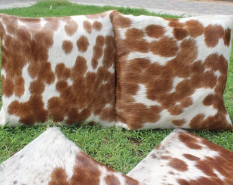 Set Of 2 Cowhide Pillow Covers Brown And White Cowhide Pillow Covers 16 x 16 Hair On Cowhide Real Cowhide Cushion Cover