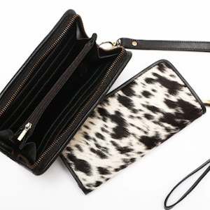 Portefeuille en cuir de vachette véritable pour femme Portefeuille zippé en cuir de vachette western avec bracelet en cuir de vachette