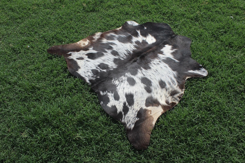 Puede incluir: Una alfombra de piel de vaca negra y blanca con un patr&oacute;n de manchas. La alfombra est&aacute; colocada sobre una superficie de hierba verde.