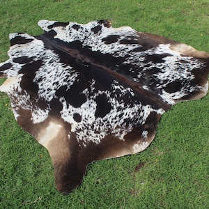 Puede incluir: Una alfombra de piel de vaca marr&oacute;n y blanca con un patr&oacute;n de manchas negras y blancas. La alfombra est&aacute; colocada sobre una superficie de hierba verde.