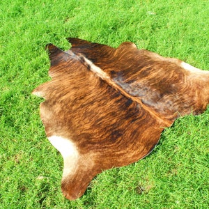 May include: A brown and white cowhide rug with a natural, mottled pattern. The rug is laid out on a green grassy surface.