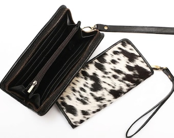 Cartera de piel de vaca auténtica para mujer, cartera de piel de vaca con cremallera, bolso de mano de piel de vaca, regalo para ella