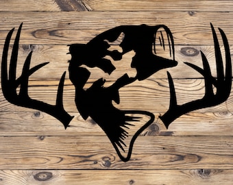 May include: Black silhouette of a bass fish with antlers on either side. The fish is facing to the right and the antlers are pointing up.