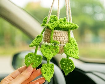 Crochet Monstera Plant Pot – Hanging Car Mirror Charm, Amigurumi Greenery Décor, Handmade Gift for Plant Lovers & Home Decoration