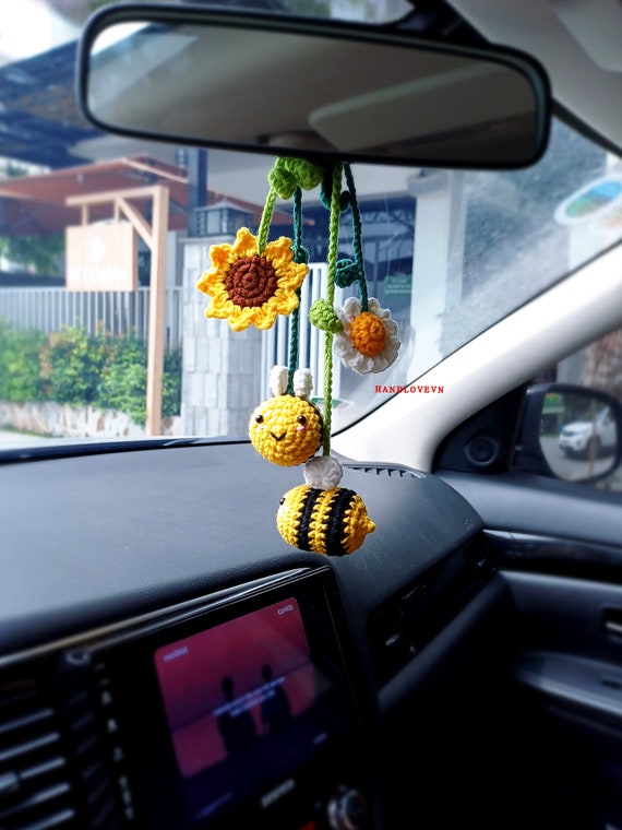 Car Rear View Mirror With Funny Bumble Bee and Daisy Sunflower Crochet Honey Bee Decor Car Charm Car Accessories for Women Gift for Her Etsy
