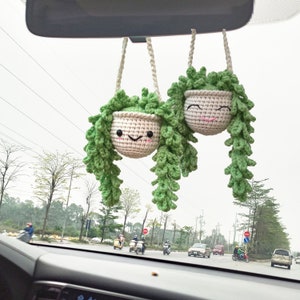 Crochet Hanging Plant Car Charm, Smiley Face Pot, Cute Rearview Mirror Decor, Amigurumi Gift, Kawaii Car Accessory, Plant Lover Gift