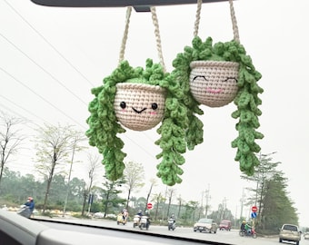 Personalized Car hanging plant with cute girl planter, Car rear view mirror, Car Accessories for Women, custom name tag, Mother's day gifts