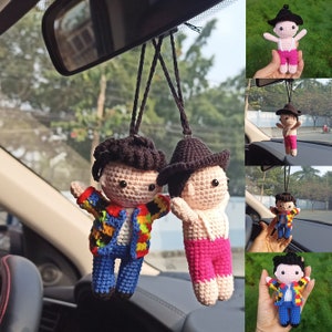Crochet Car Mirror Hanging, Mini Doll Car Charm, Handmade Car Decor Gift for Music Lovers, Rearview Accessory, Christmas or Birthday Gift