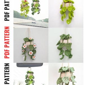 PATTERN: Step-by-step instructions for crocheting a Monstera leaf hanging planter with daisy flower, cute car rear view mirror, home decor