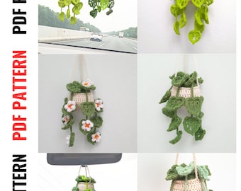 PATTERN: Step-by-step instructions for crocheting a Monstera leaf hanging planter with daisy flower, cute car rear view mirror, home decor