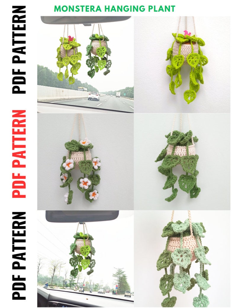 PATTERN: Step-by-step instructions for crocheting a Monstera leaf hanging planter with daisy flower, cute car rear view mirror, home decor image 1