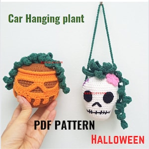 SCHEMA ALL'UNCINETTO: Vaso per piante sospeso a forma di teschio / Decorazione spettrale per specchietto retrovisore dell'auto / Amigurumi di Halloween / Schema PDF Pianta velenosa