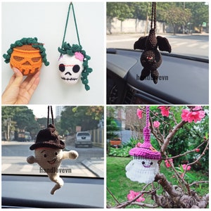 Halloween plant decorations crochet, Upside down Bat crochet, Scout the Baby Ghost plush, skull plant crochet, creepy Car Rear View Mirror