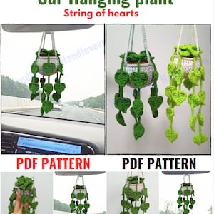 May include: Crochet string of hearts hanging plant, a DIY craft project with a PDF pattern. The plant is in a white pot with green leaves and is hanging from a car's rearview mirror.