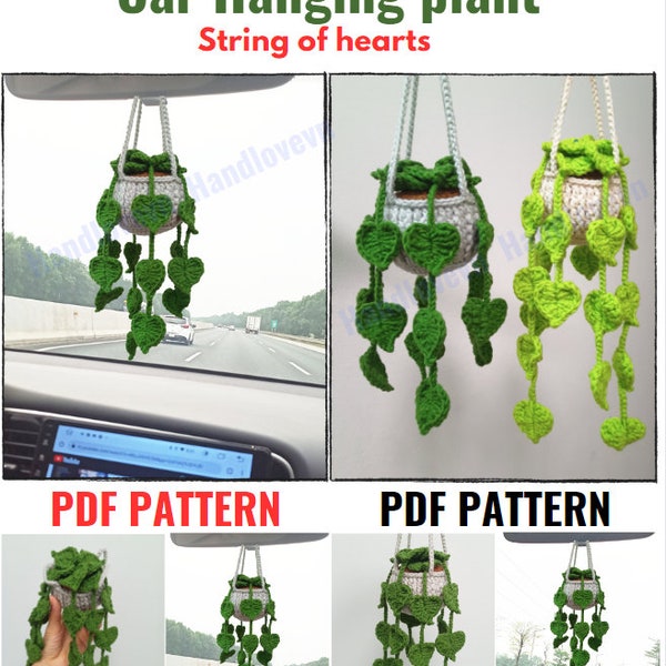 PATTERN: Instructions for crocheting car hanging plant with strings of hearts, cute car rearview mirror, home decoration, Plant lover gifts