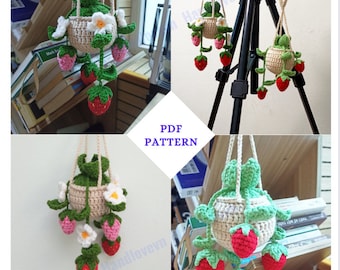 PATTERN: Step-by-step Instructions for crocheting strawberry potted plants with daisy flowers to hang car rearview mirrors, home decoration
