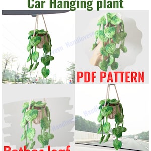 Può includere: Schema a uncinetto per una pianta di pothos sospesa, perfetta per un'auto. Lo schema include istruzioni per realizzare la pianta, il vaso e le foglie. MODELLO PDF.