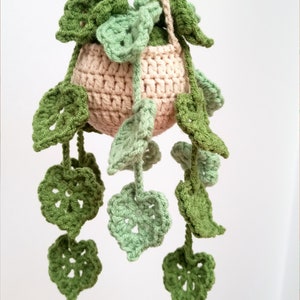 PATTERN: Step-by-step instructions for crocheting a Monstera leaf hanging planter with daisy flower, cute car rear view mirror, home decor image 3