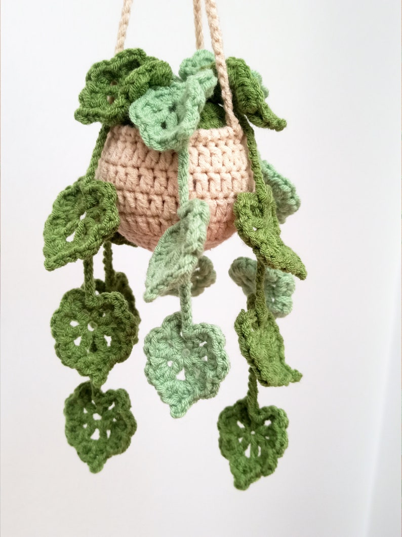 PATTERN: Step-by-step instructions for crocheting a Monstera leaf hanging planter with daisy flower, cute car rear view mirror, home decor image 3