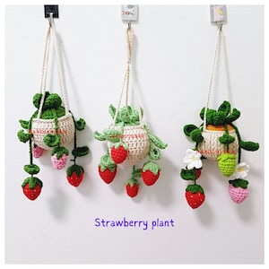 Crochet Car hanging plant, Red and pink  strawberry pot with daisy flowers, Car Rearview Mirror, Car accessories for women, Plant lover gift
