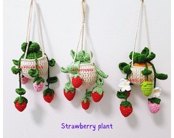 Crochet Car hanging plant, Red and pink  strawberry pot with daisy flowers, Car Rearview Mirror, Car accessories for women, Plant lover gift