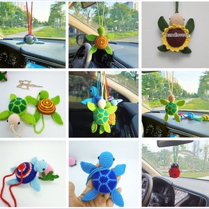 May include: A collection of crocheted turtle ornaments, some with colorful shells and others with a more natural green shell. The turtles are hanging from car rearview mirrors or displayed on a car dashboard. The ornaments are a fun and whimsical way to decorate a car.