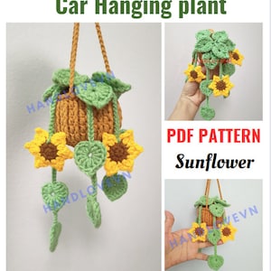 PATTERN: Instructions for crocheting a Car hanging plant with sunflower, cute car rear view mirror, home decoration, plant lover gift