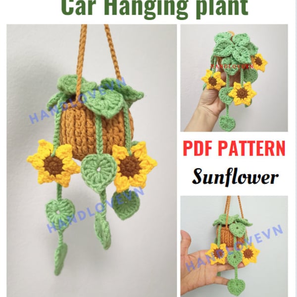 PATTERN: Instructions for crocheting a Car hanging plant with sunflower, cute car rear view mirror, home decoration, plant lover gift