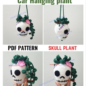 PATTERN: Car hanging plant with skull crochet, scary car rear view mirror, Halloween planter, Gifts for Halloween decorations, new car gifts