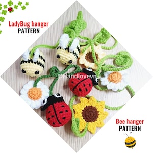 Puede incluir: Colgantes de ganchillo con forma de insectos y flores en varios colores. La imagen presenta mariquitas, abejas, girasoles y margaritas. El texto "LadyBug hanger PATTERN" y "Bee hanger PATTERN" son visibles.