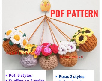 PATTERN: 5in1 PDF Car hanging plant with sunflower, mini rose flower pot, daisy crochet, cute car accessories for women, home decoration