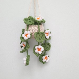 PATTERN: Step-by-step instructions for crocheting a Monstera leaf hanging planter with daisy flower, cute car rear view mirror, home decor image 5