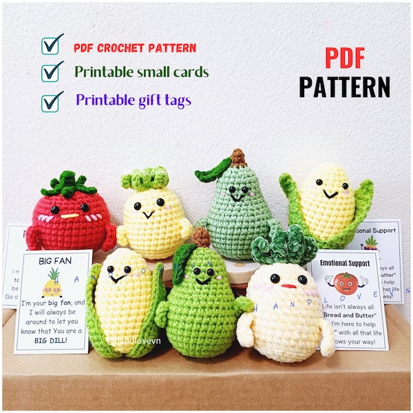 PATTERN: Emotional Support Corn, Positive Pineapple, Big Fan tomato, funny pear crochet, Cute Home/Office Decors, printable cards, gifts tag