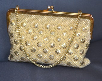 Vintage 1970’s Debonair Cream With Gold Beads Evening Purse with Short Chan Chain Handle