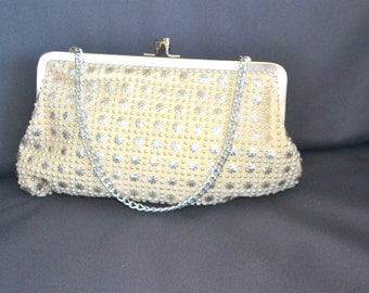 Vintage 1990’s Cream Evening Bag with Silver Bead and Silver Handle