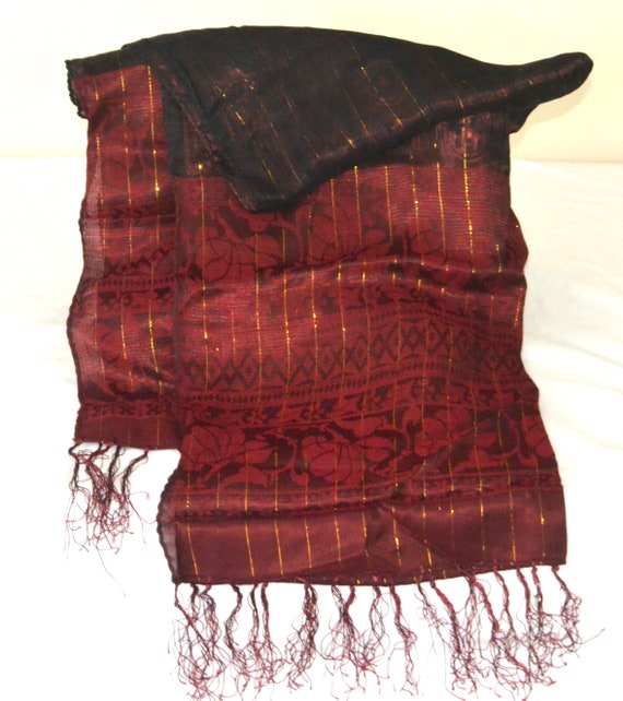 Vintage 1990s Burgundy and Black Long Pashmina, S… - image 3