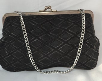 Vintage 1980’s Black Silver Thread Fabric Purse With Short Chain Handle